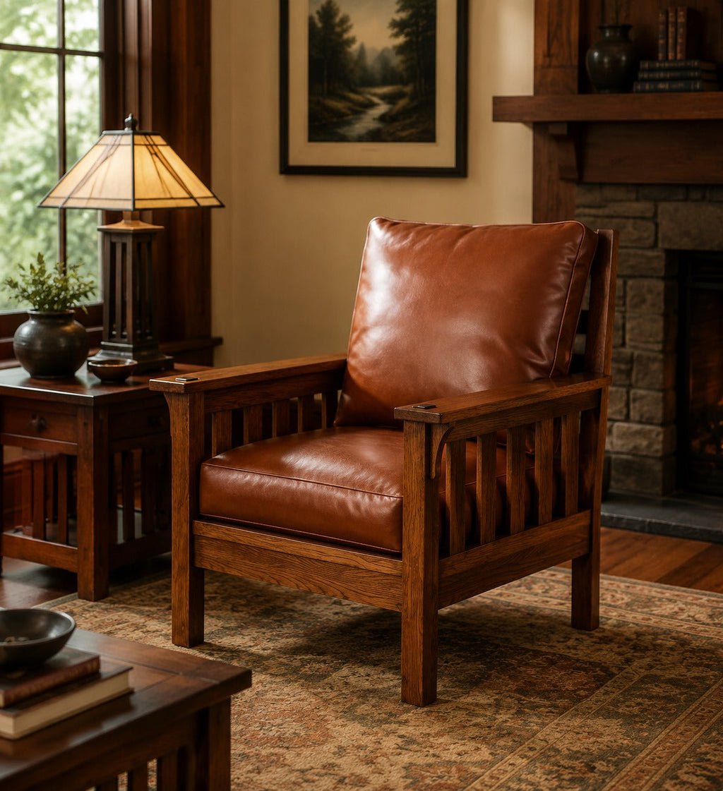 Craftsman / Mission Leather and Oak Armchair - Russet Brown