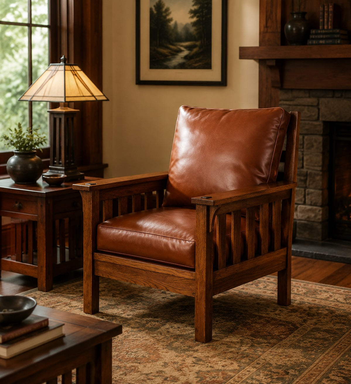 Craftsman / Mission Leather and Oak Armchair - Russet Brown