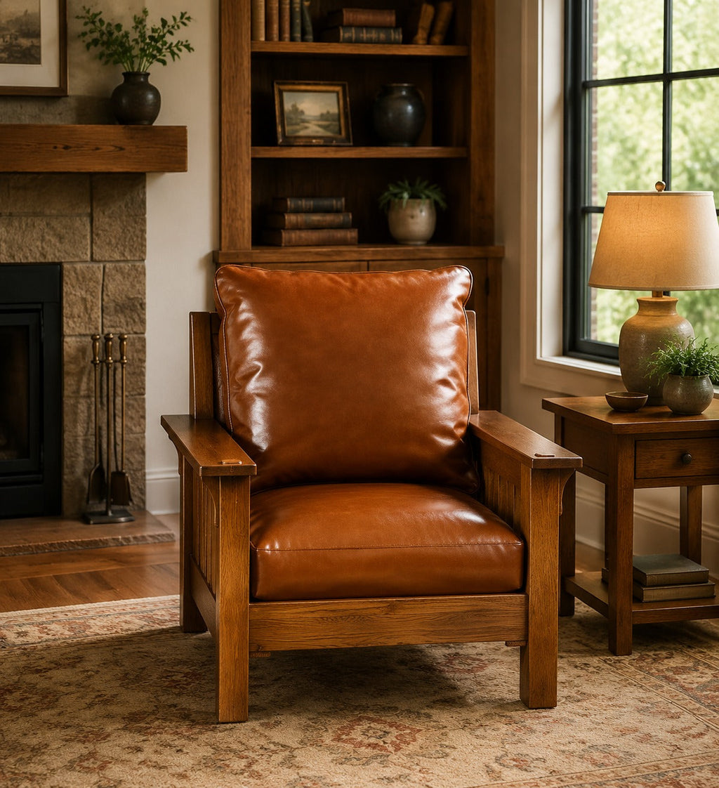 Craftsman / Mission Leather and Oak Armchair - Russet Brown