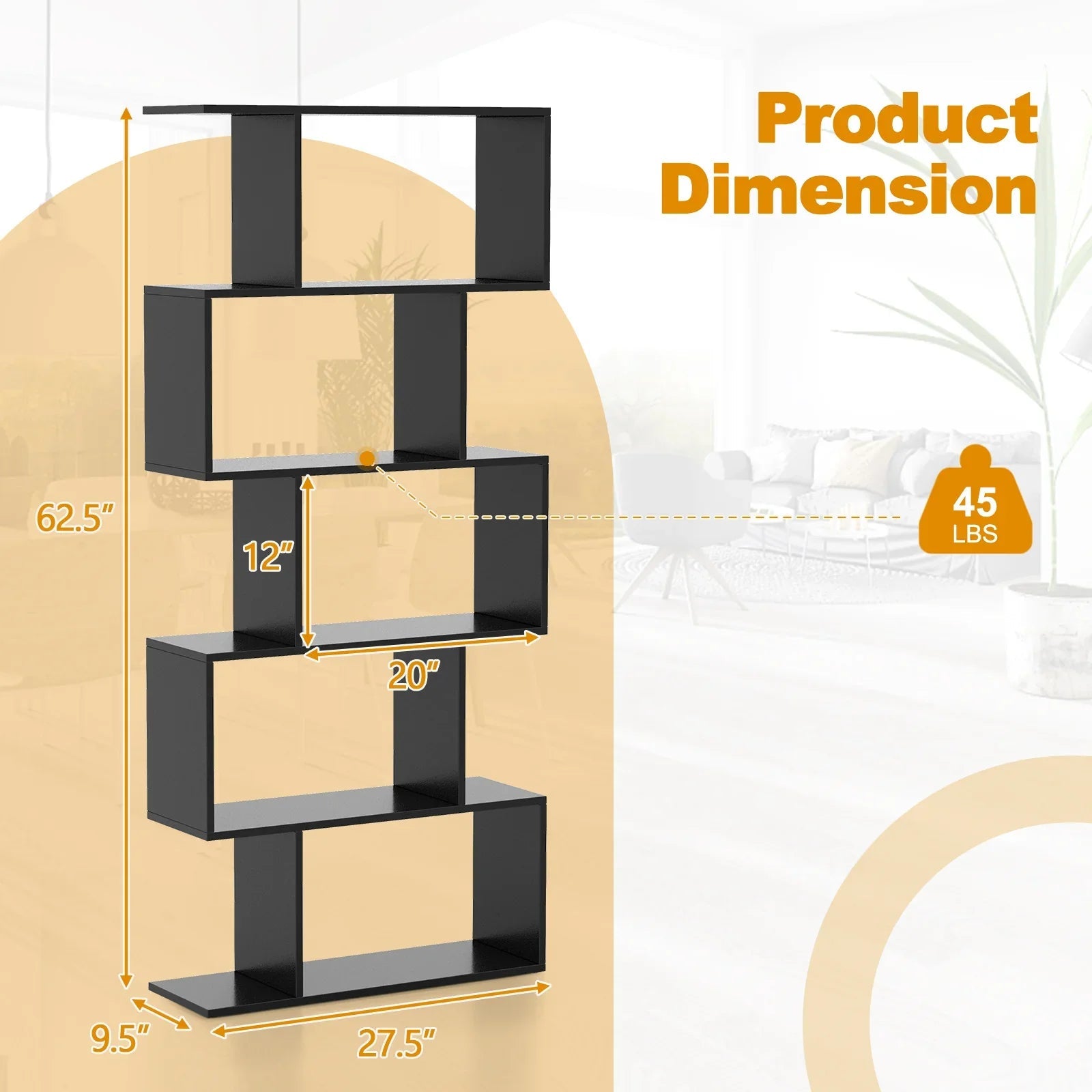 Wooden 5-Tier Geometric Bookshelf with S-Shaped Design