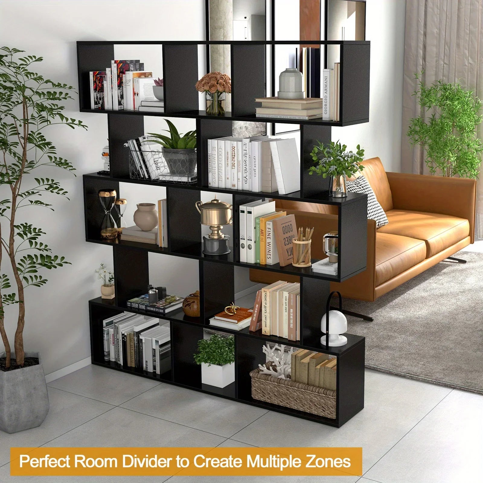Wooden 5-Tier Geometric Bookshelf with S-Shaped Design