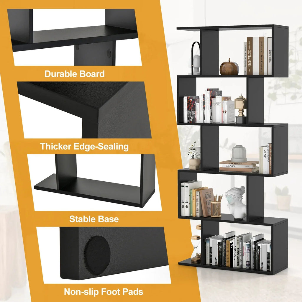 Wooden 5-Tier Geometric Bookshelf with S-Shaped Design