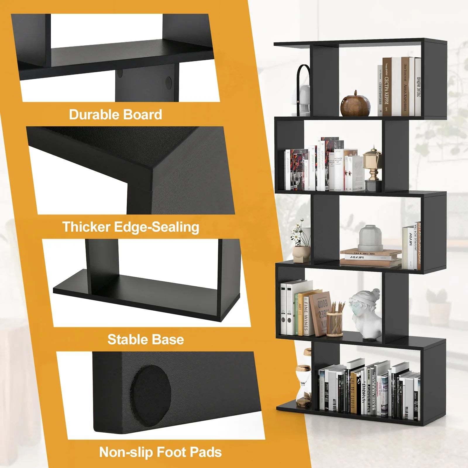 Wooden 5-Tier Geometric Bookshelf with S-Shaped Design