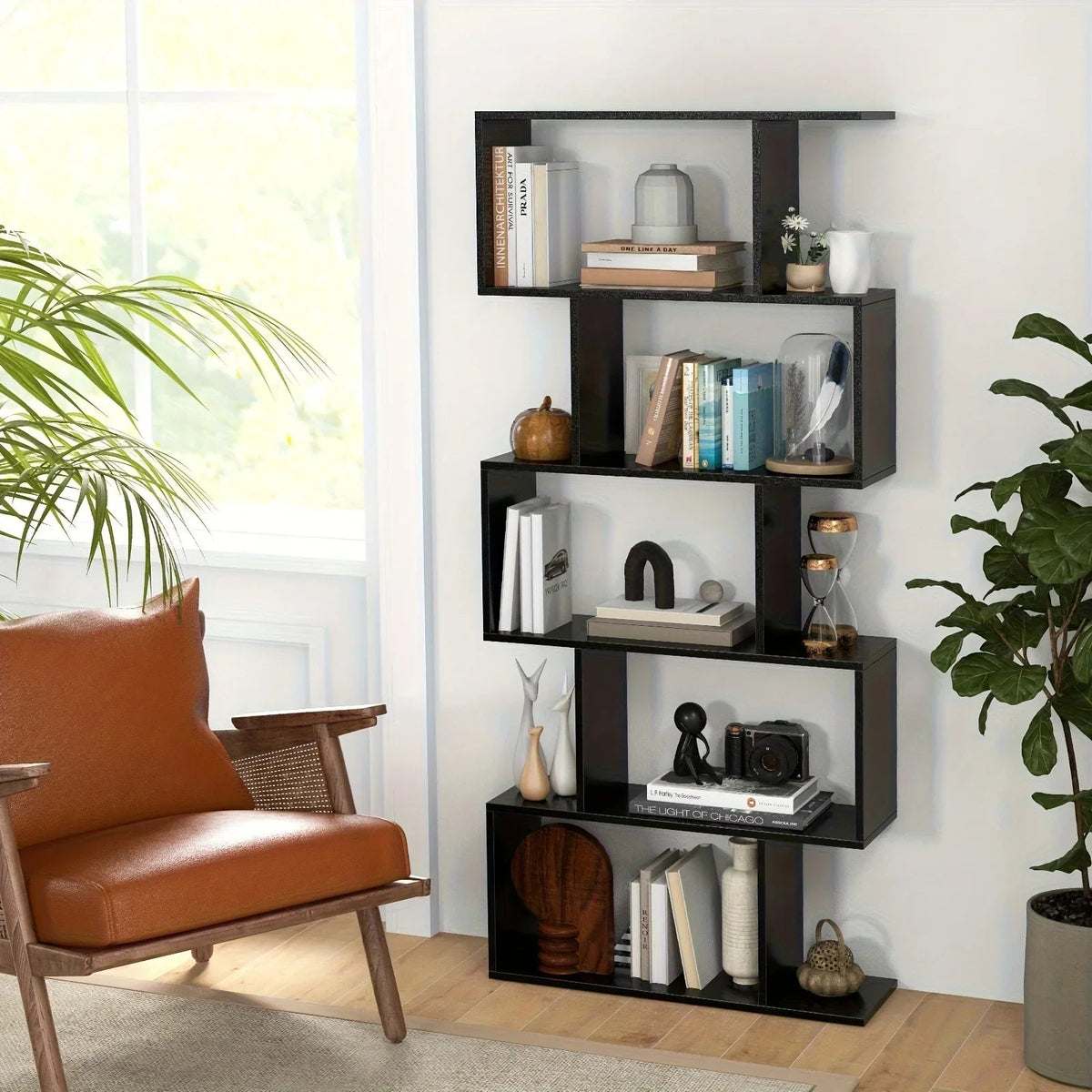 Wooden 5-Tier Geometric Bookshelf with S-Shaped Design