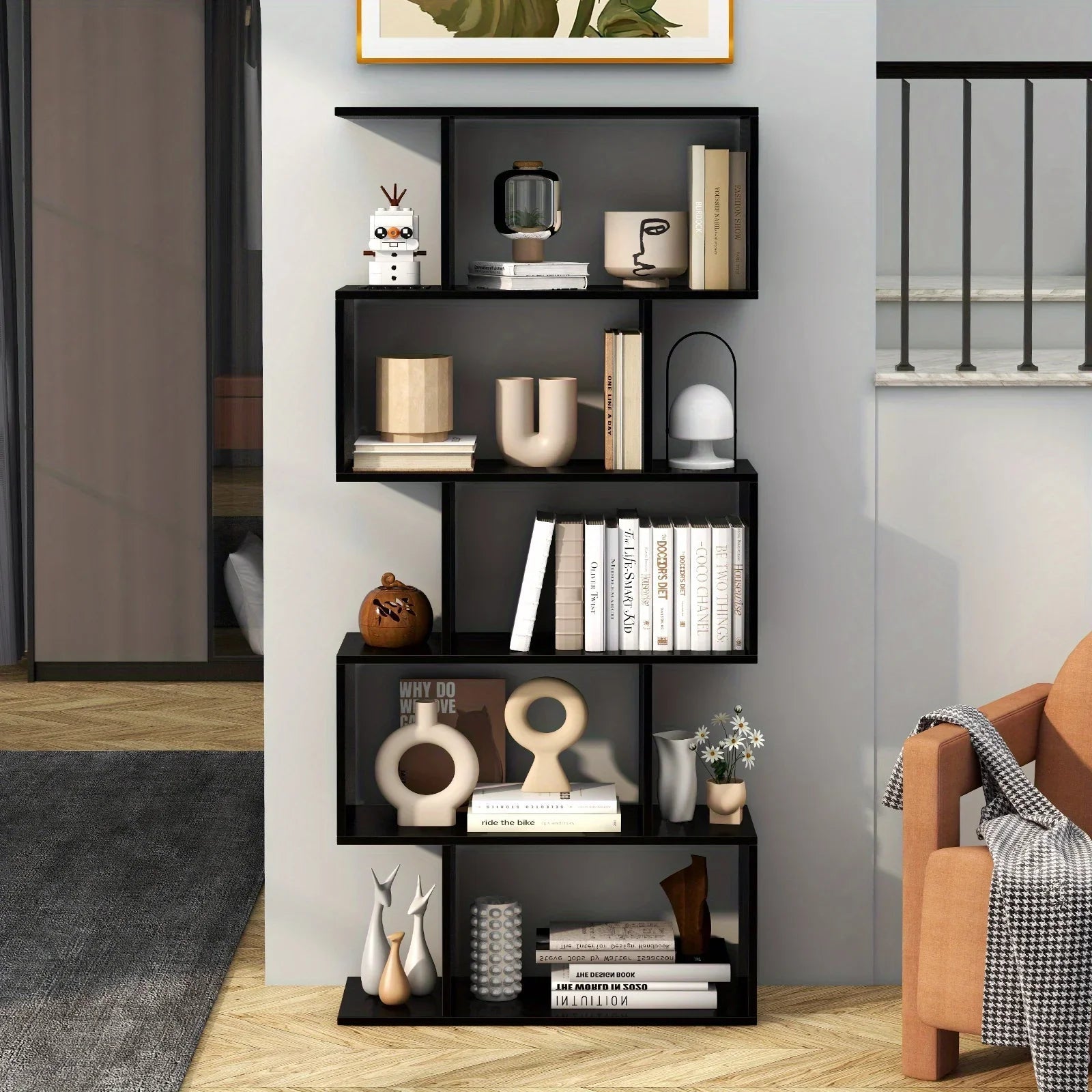 Wooden 5-Tier Geometric Bookshelf with S-Shaped Design