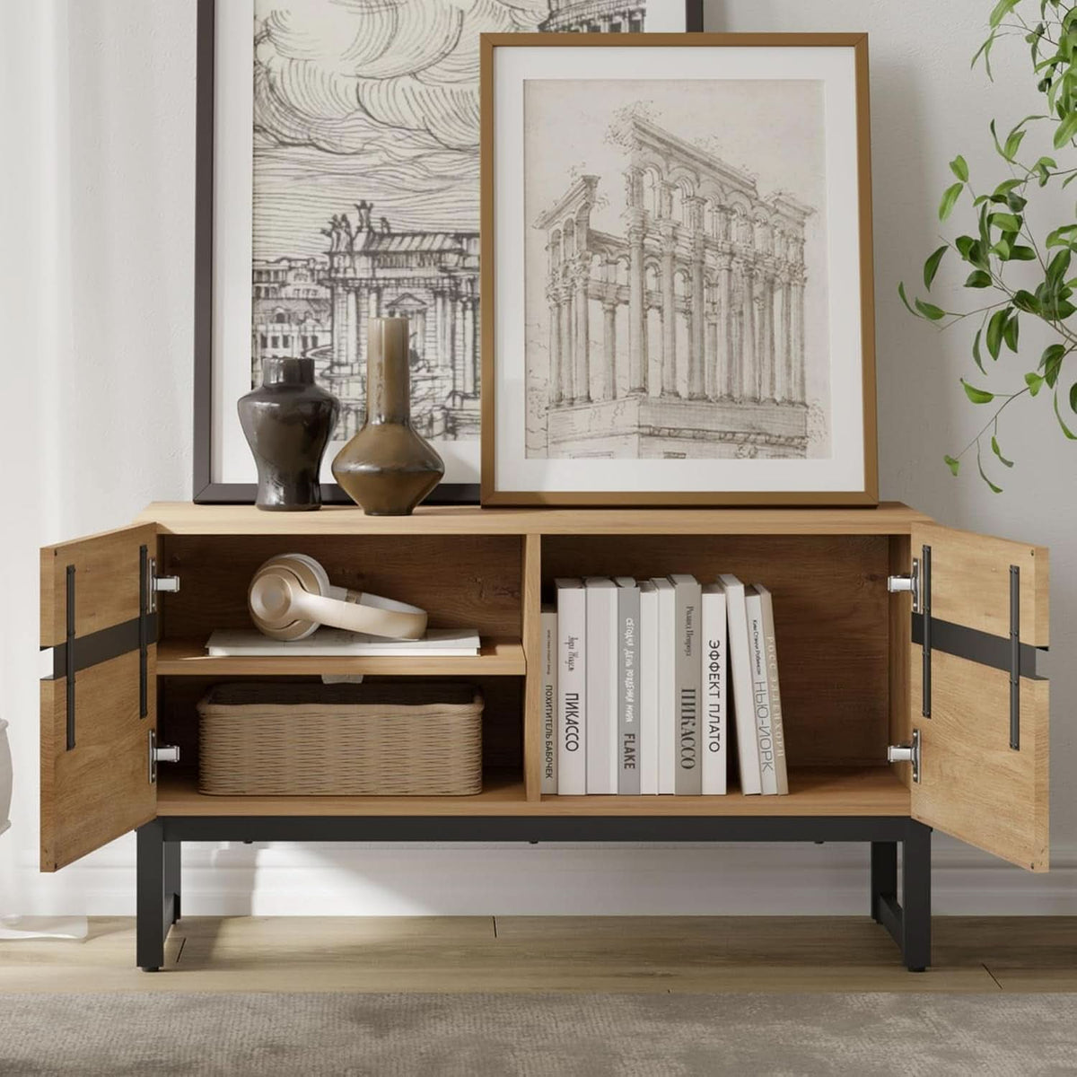 110 Inch Television Stand With Storage Cabinets Oak