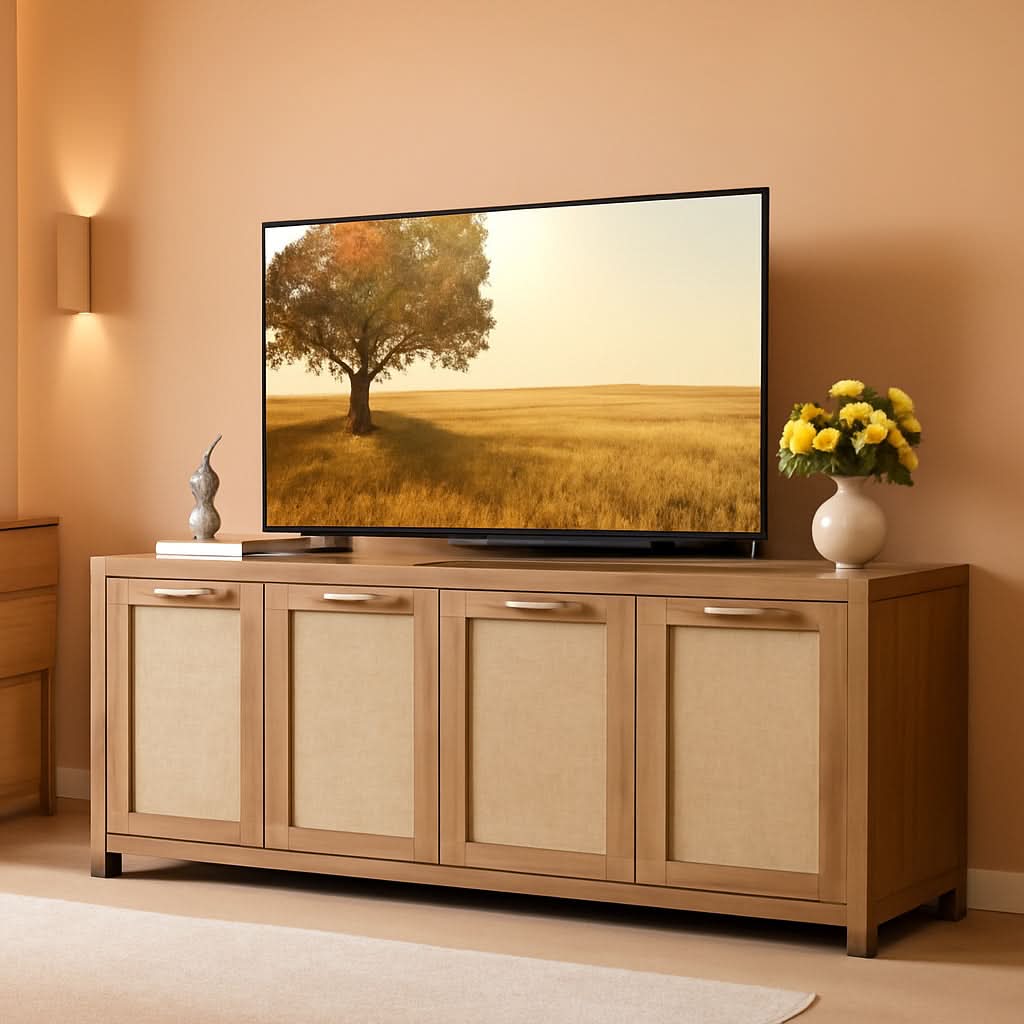 Boho Style Television Console With Rattan Cabinets