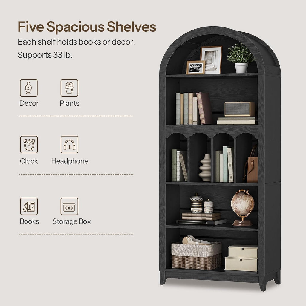 Black Five Tier Arched Bookcase For Bedroom Storage
