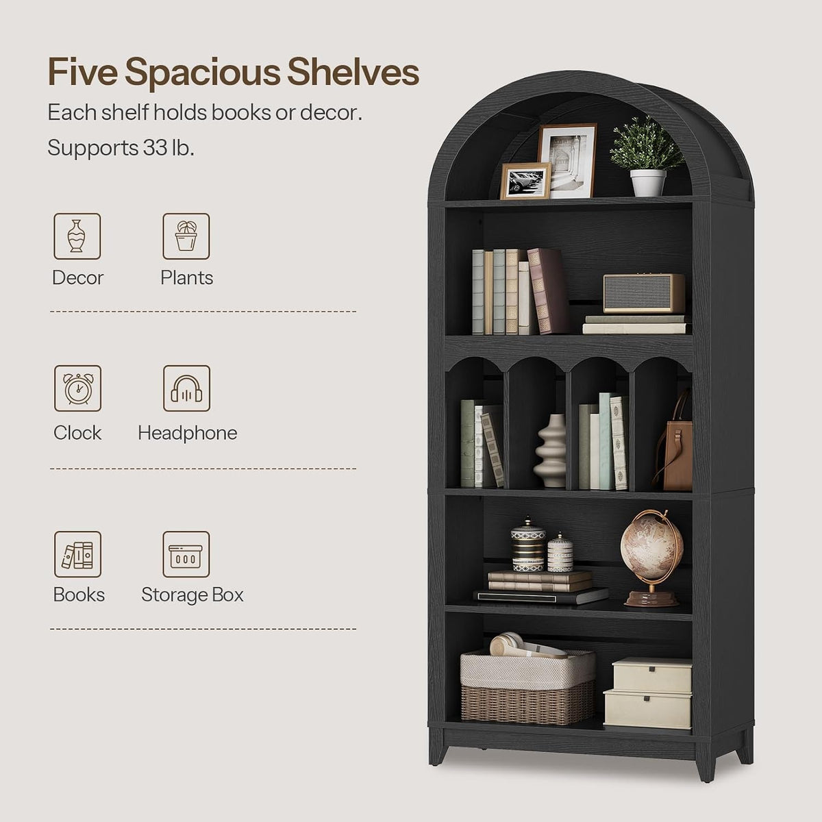 Black Five Tier Arched Bookcase For Bedroom Storage