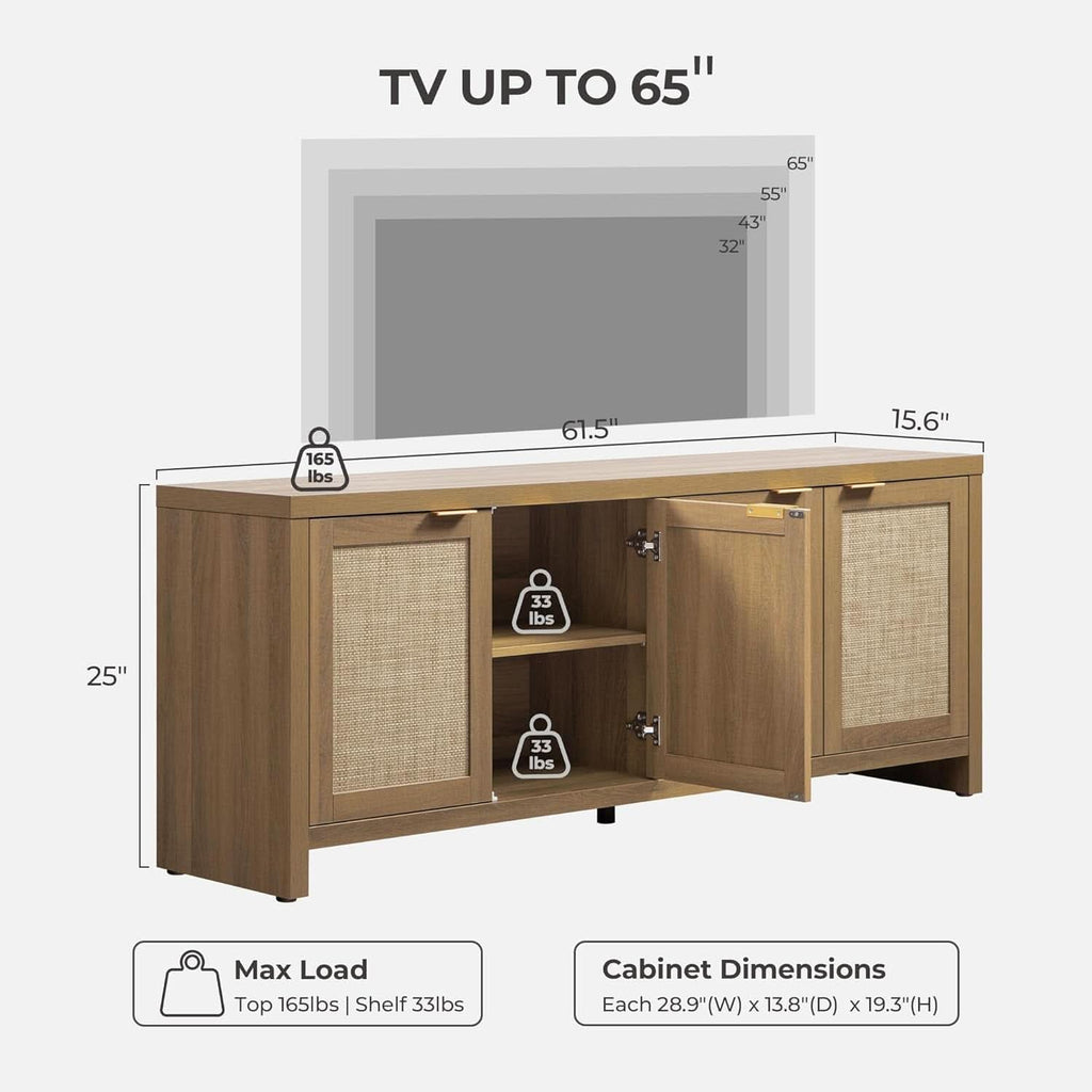 Boho Style Television Console With Rattan Cabinets