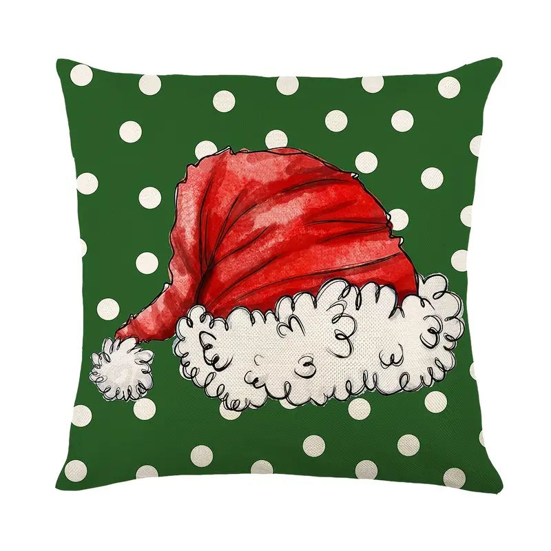 Linen Throw Pillow Case with Christmas Hat & Tree Print