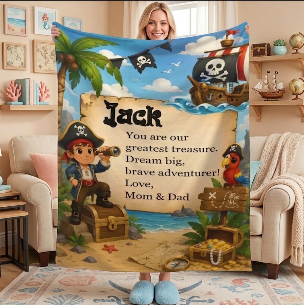 Personalized Pirate Blanket with Name and Message - Custom Treasure Island Fleece Throw for Boys and Kids - Pirate Adventure Gift