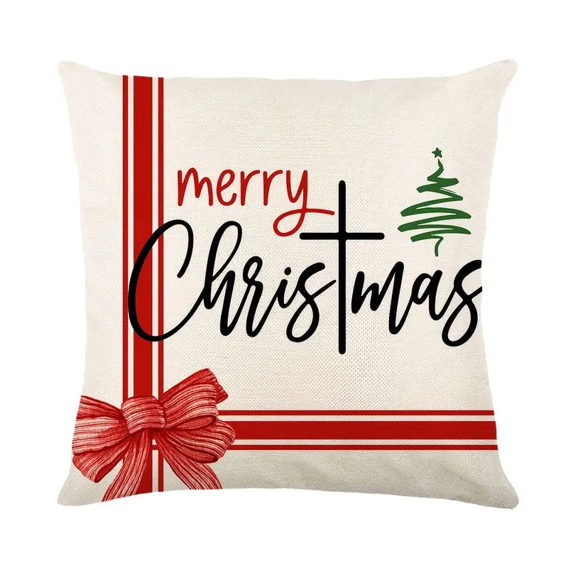 Linen Throw Pillow Case with Christmas Hat & Tree Print