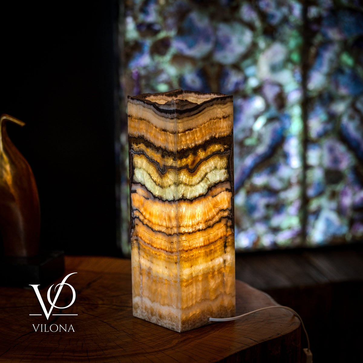 Aqua Onyx Table Lamp - Small - (18" Tall, 6x6" Live Edge Square #6)