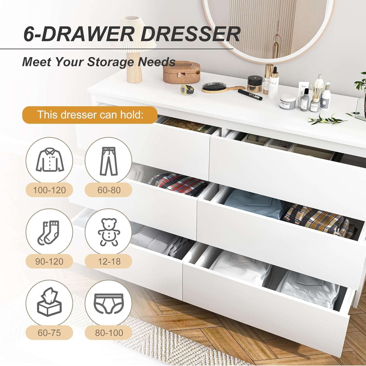 White Six Drawer Dresser Contemporary Bedroom Storage