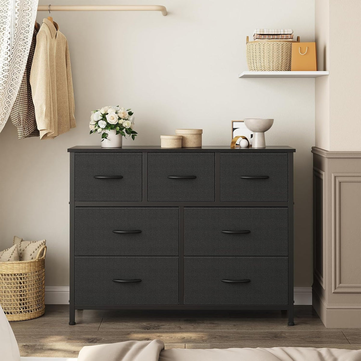 Black Seven Drawer Vertical Dresser Bedroom Storage