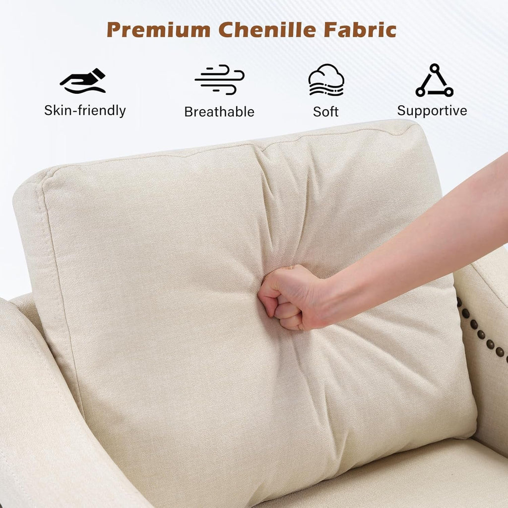 Beige ThreeSeater Upholstered Sofa With Nailhead Trim