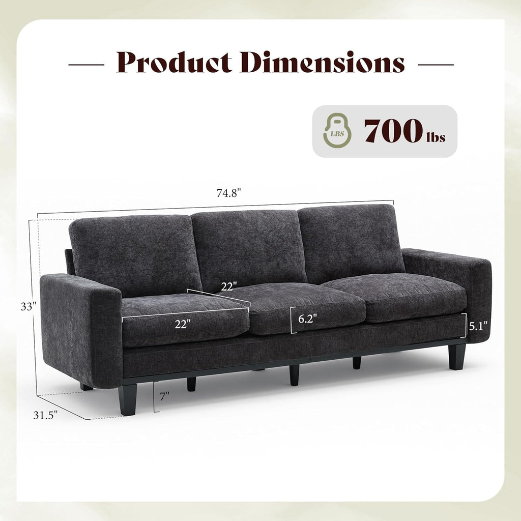 Grey Chenille 74.8 Inch Luxurious Contemporary Sofa