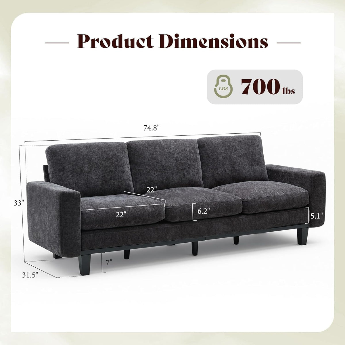 Grey Chenille 74.8 Inch Luxurious Contemporary Sofa