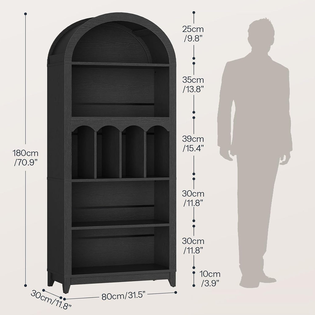Black Five Tier Arched Bookcase For Bedroom Storage