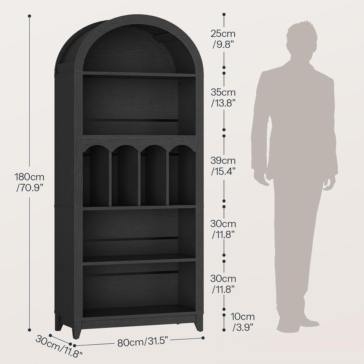 Black Five Tier Arched Bookcase For Bedroom Storage
