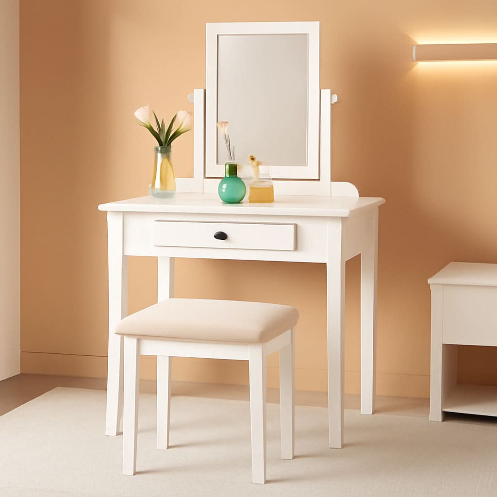 White Transitional Vanity Table and Stool Set for Bedroom