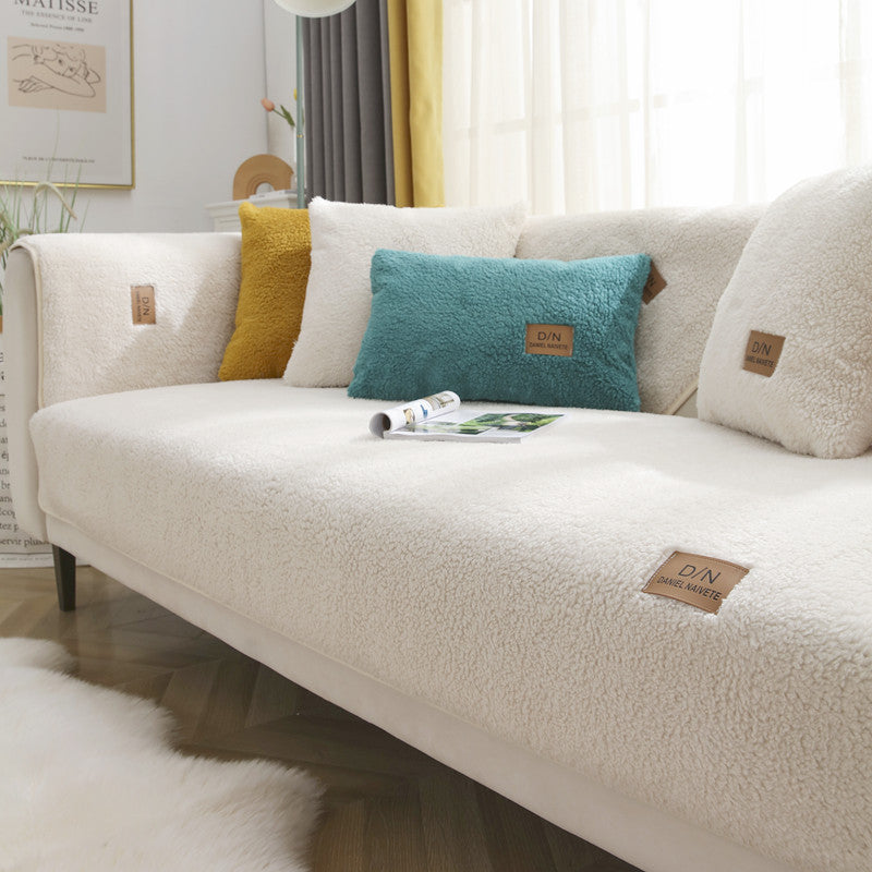 Non-Slip Lamb Fleece Sofa Cover for Winter Comfort