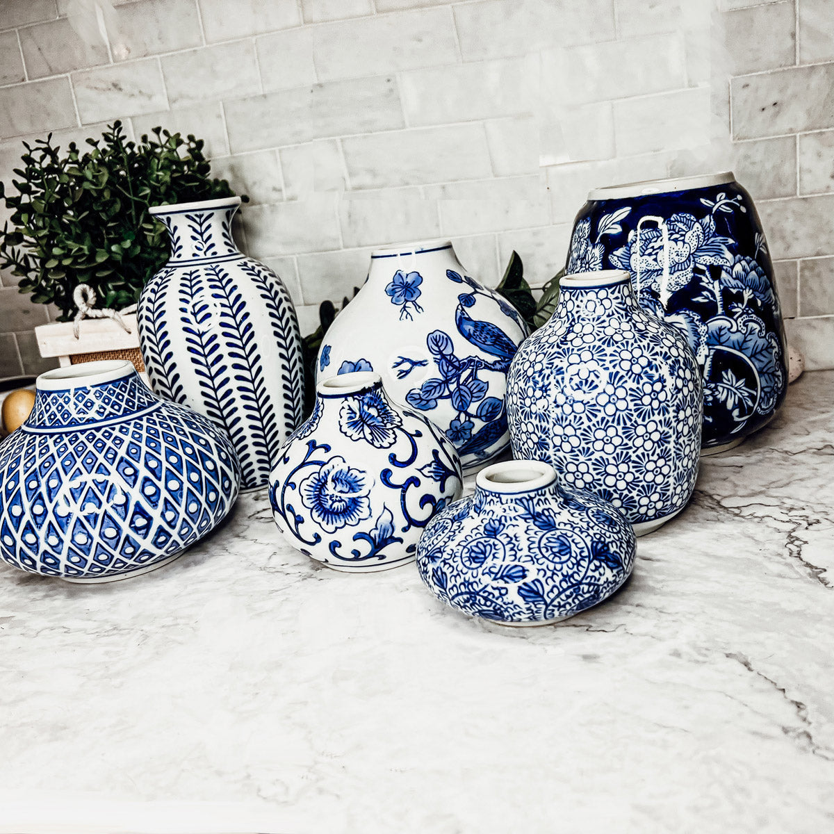 Blue Porcelain Plant Vases Set, Modern Indoor Decorative Planters For Home