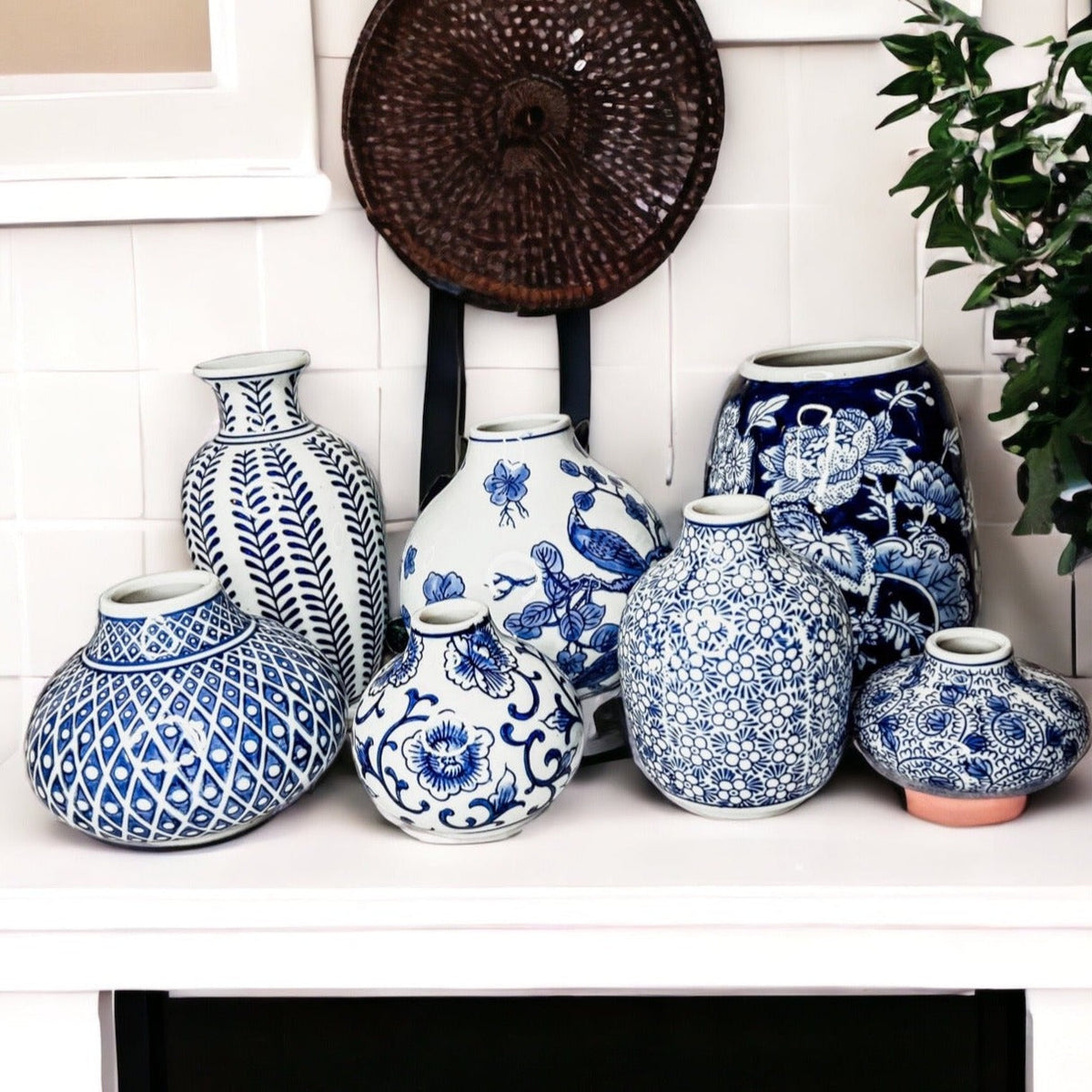 Blue Porcelain Plant Vases Set, Modern Indoor Decorative Planters For Home
