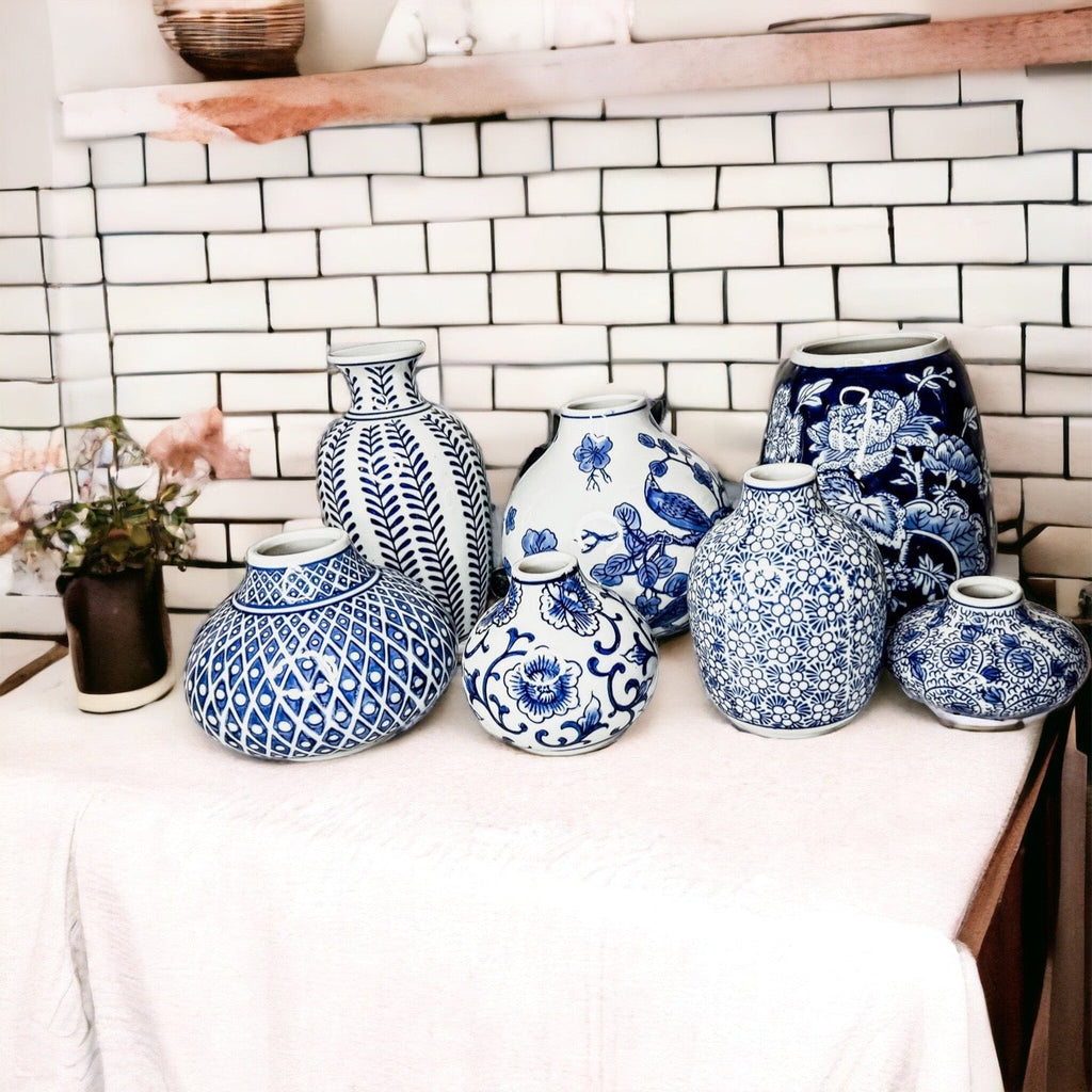 Blue Porcelain Plant Vases Set, Modern Indoor Decorative Planters For Home