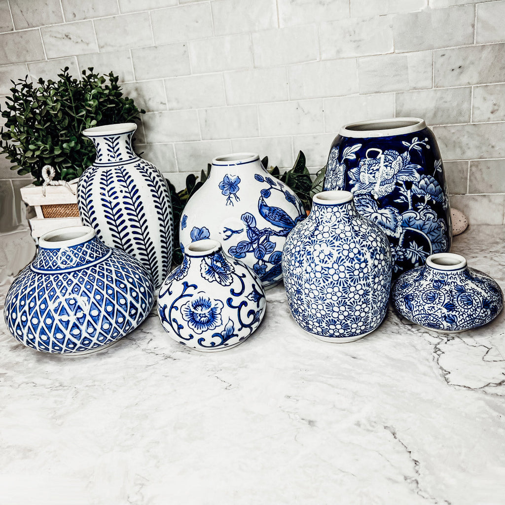 Blue Porcelain Plant Vases Set, Modern Indoor Decorative Planters For Home