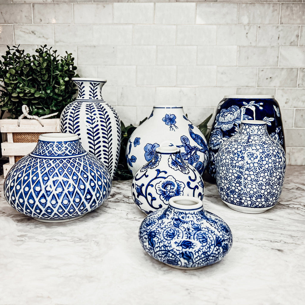 Blue Porcelain Plant Vases Set, Modern Indoor Decorative Planters For Home