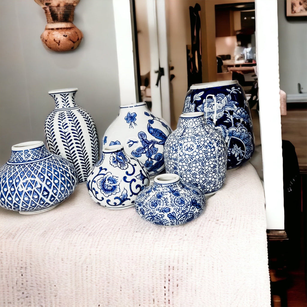 Blue Porcelain Plant Vases Set, Modern Indoor Decorative Planters For Home