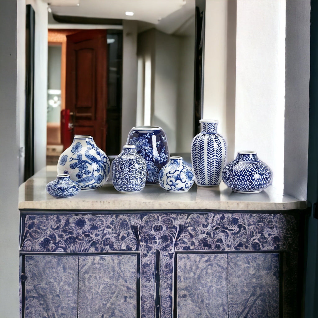 Blue Porcelain Plant Vases Set, Modern Indoor Decorative Planters For Home