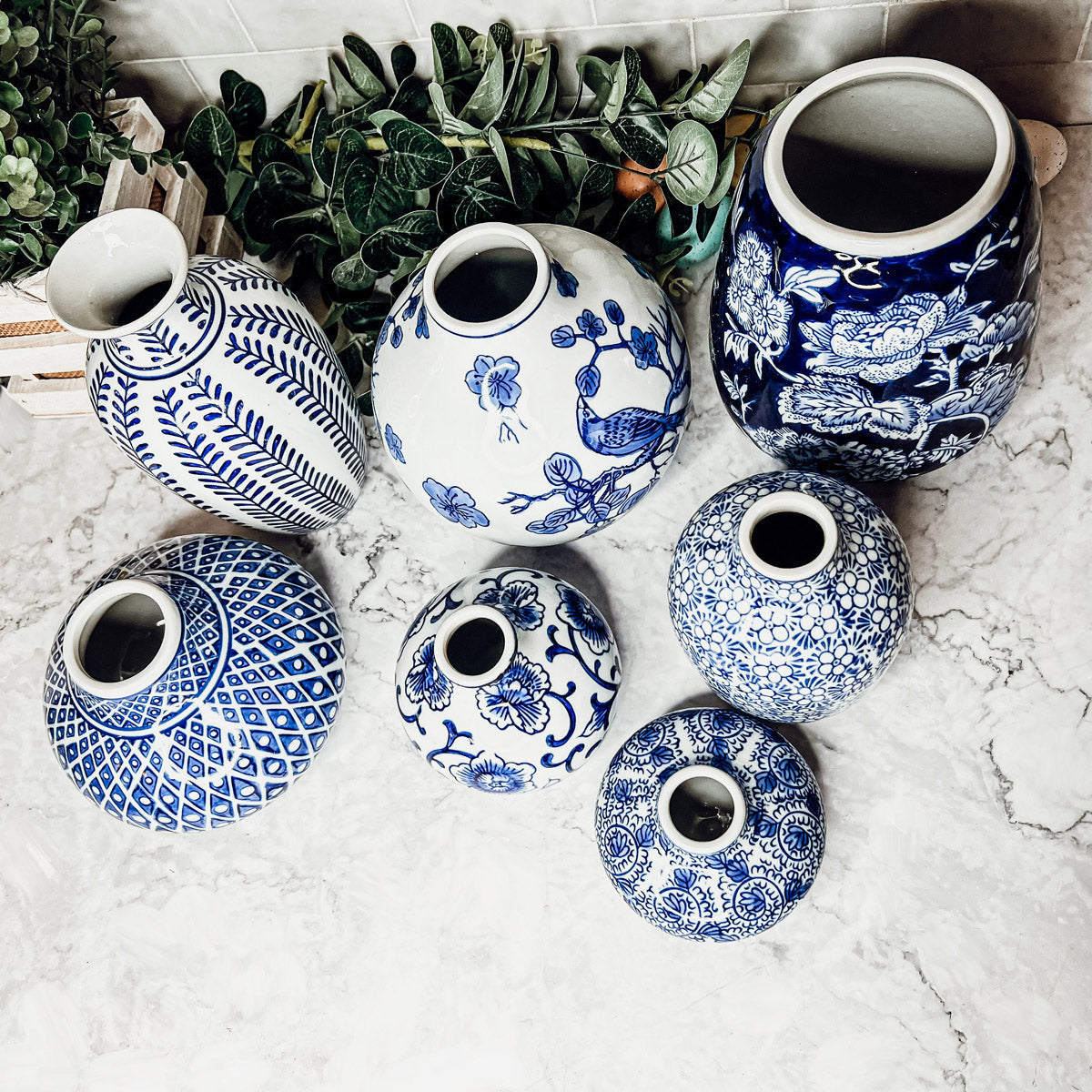 Blue Porcelain Plant Vases Set, Modern Indoor Decorative Planters For Home