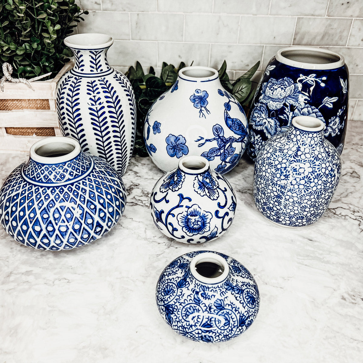 Blue Porcelain Plant Vases Set, Modern Indoor Decorative Planters For Home