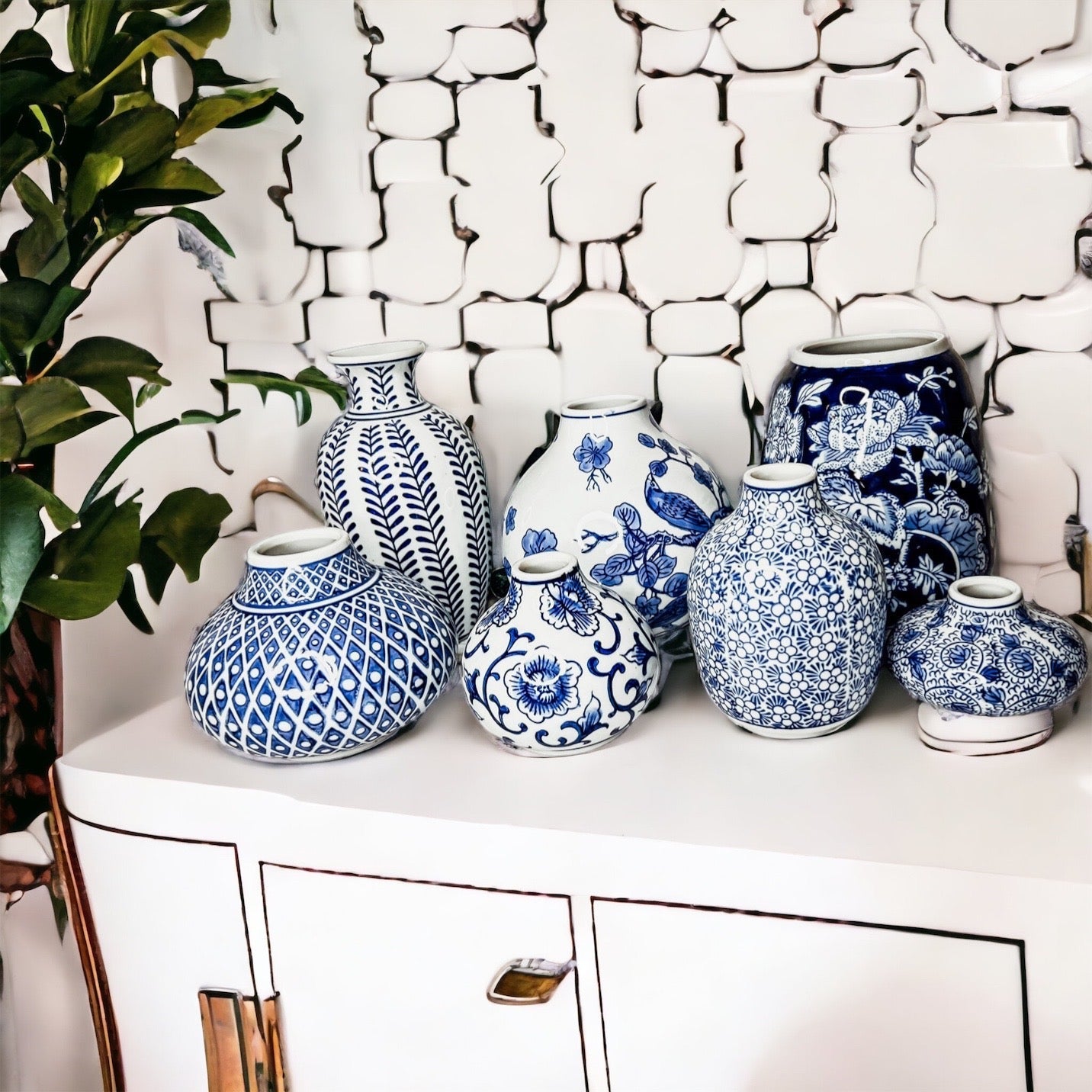 Blue Porcelain Plant Vases Set, Modern Indoor Decorative Planters For Home