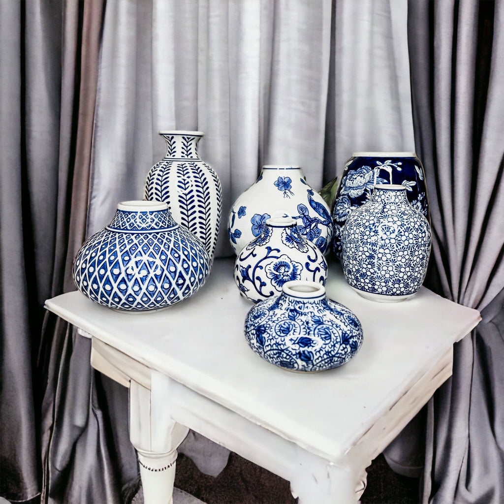 Blue Porcelain Plant Vases Set, Modern Indoor Decorative Planters For Home