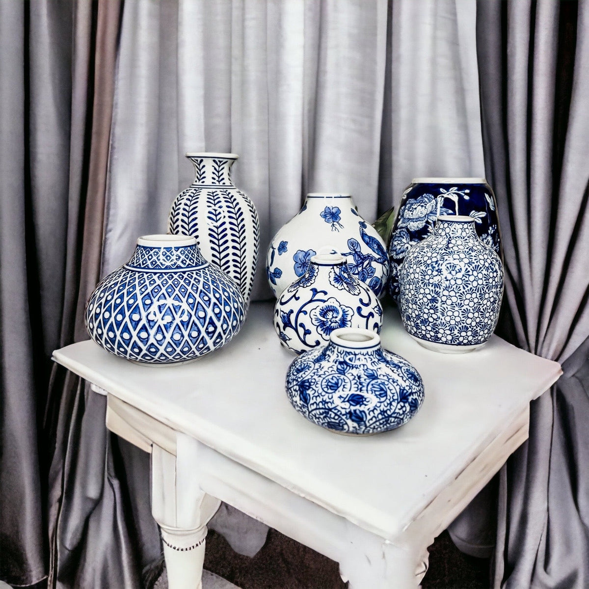 Blue Porcelain Plant Vases Set, Modern Indoor Decorative Planters For Home