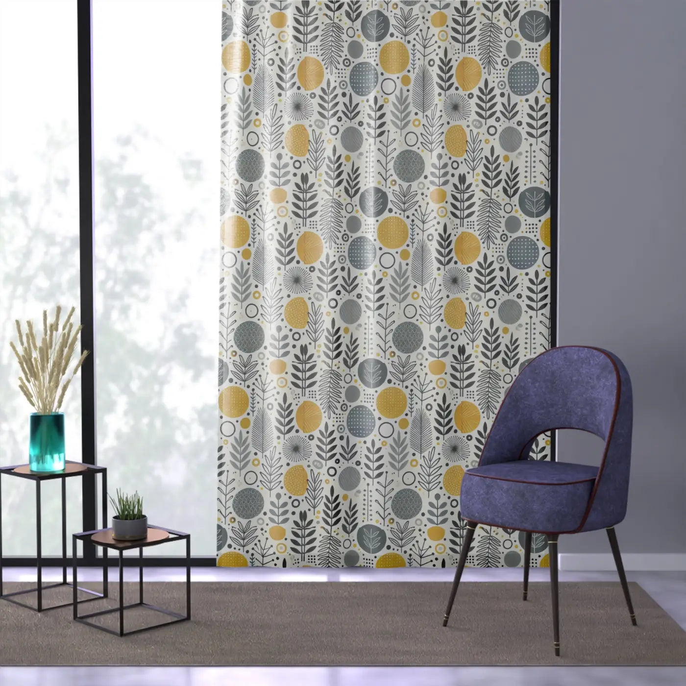 DipaliZ Modern Floral Yellow Curtains Botanical Pattern