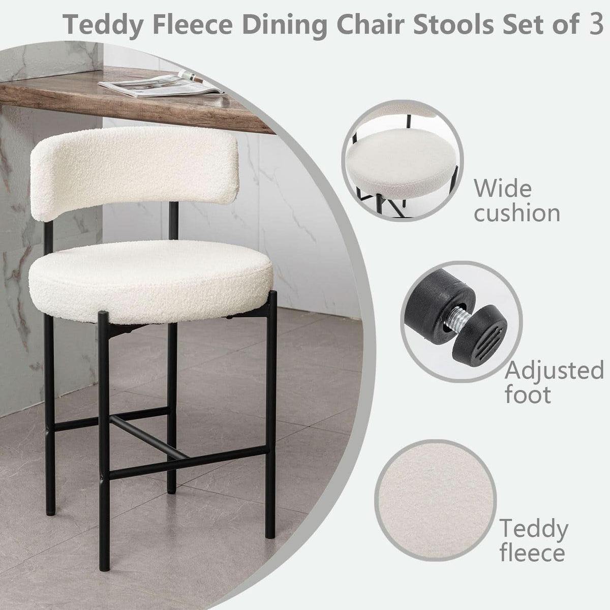 Boucle Bar Stools Set Of 3 24 Inch White Upholstered Counter Stools With Backs