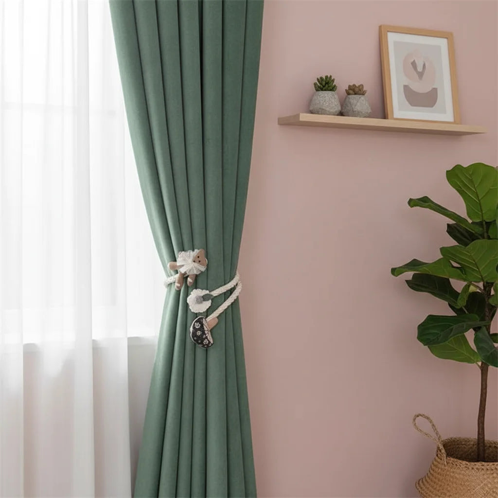 2Pcs  Cute Cartoon Bear and Flower Curtain Tiebacks, Knitted Soft Curtain Ties, Girlish Heart Home Decor Curtain Ropes