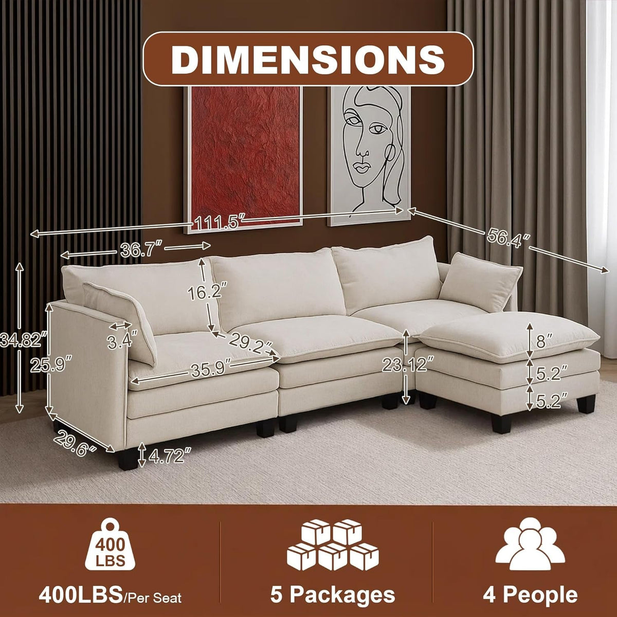111Inch Modular Sectional Sofa Beige Upholstered Cushions