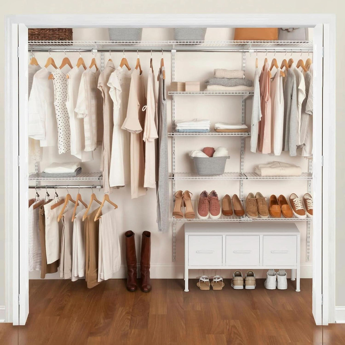 White Closet Storage Organizer With Fabric Drawers