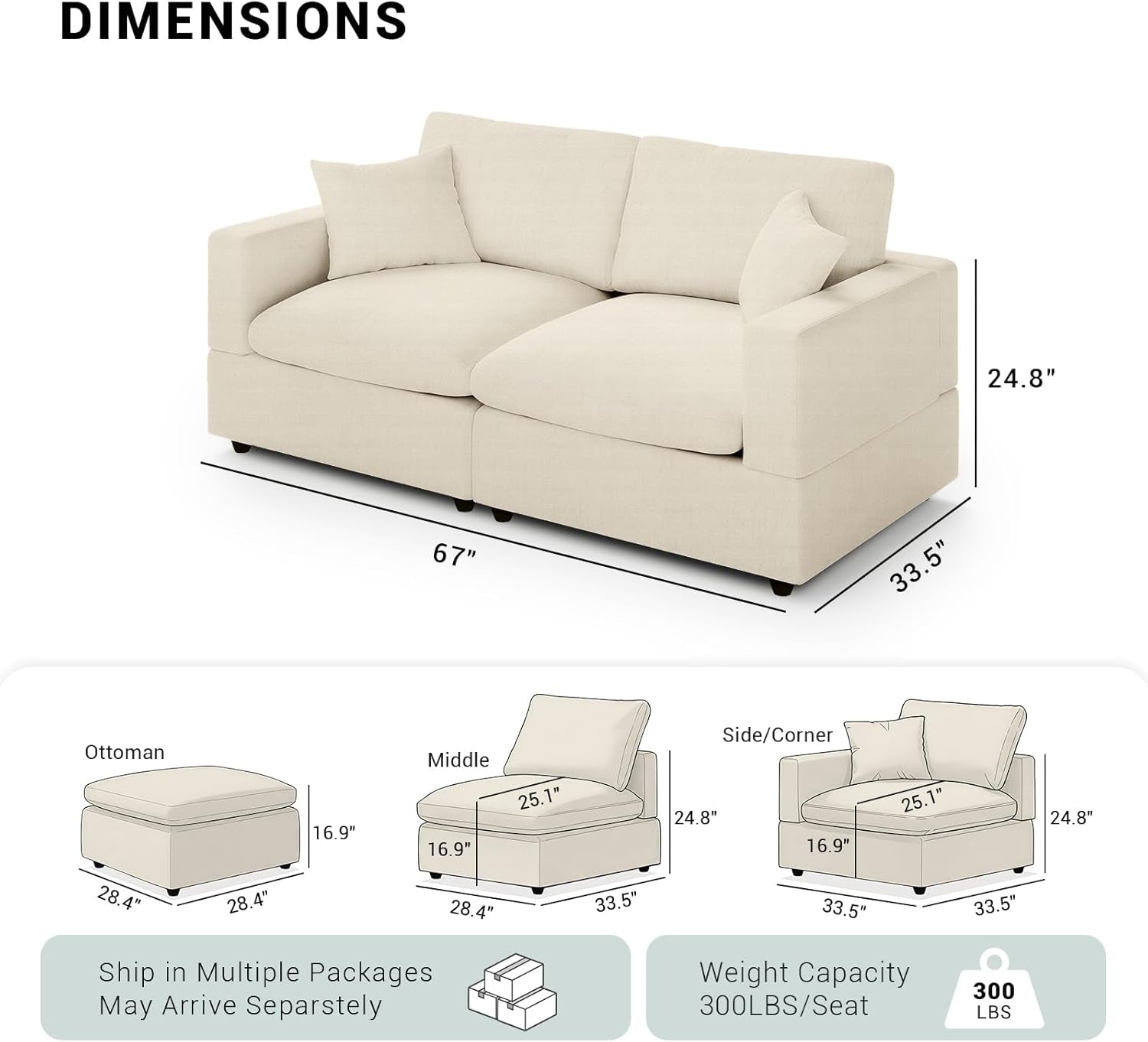Khaki 68Inch Deep Overstuffed Modular Sectional Sofa