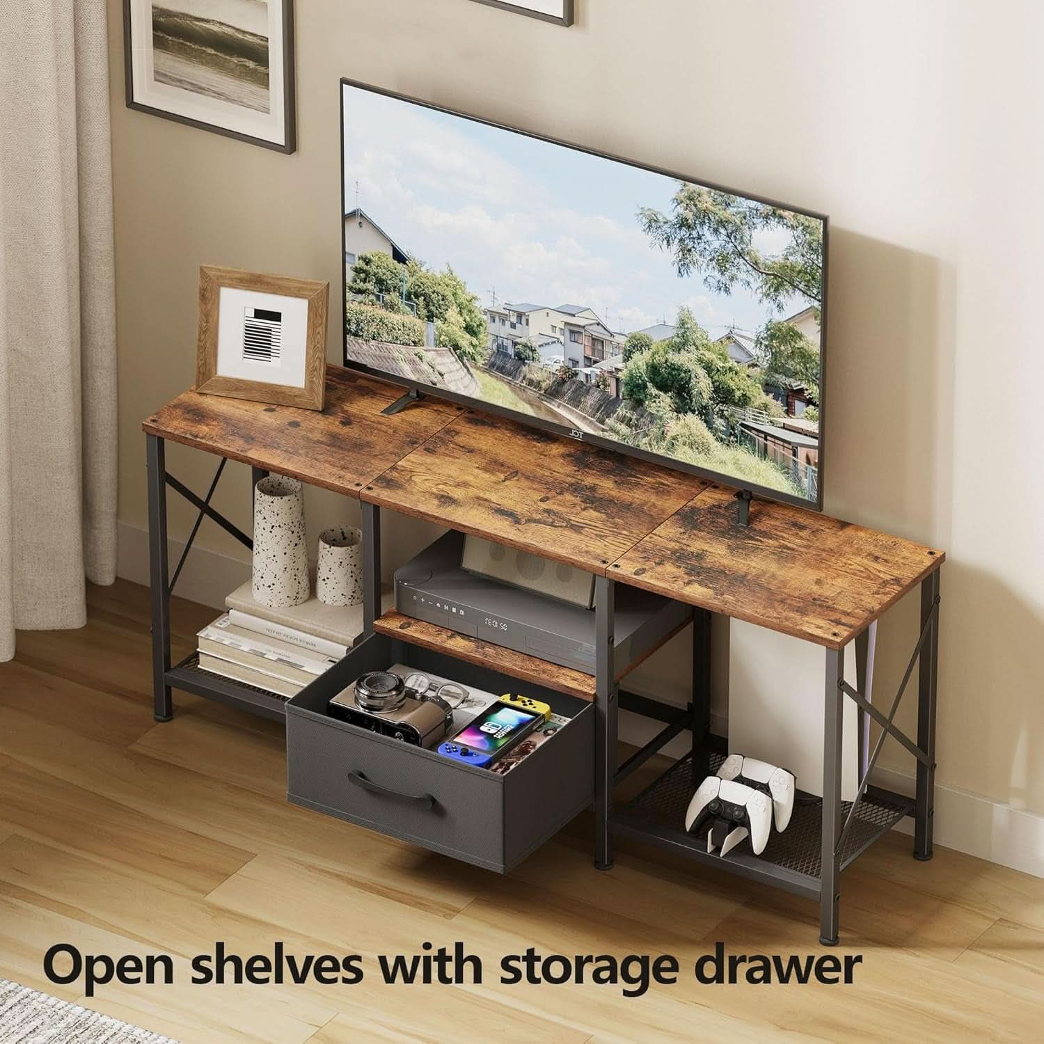 Industrial Television Console Rustic Brown Fabric Drawer