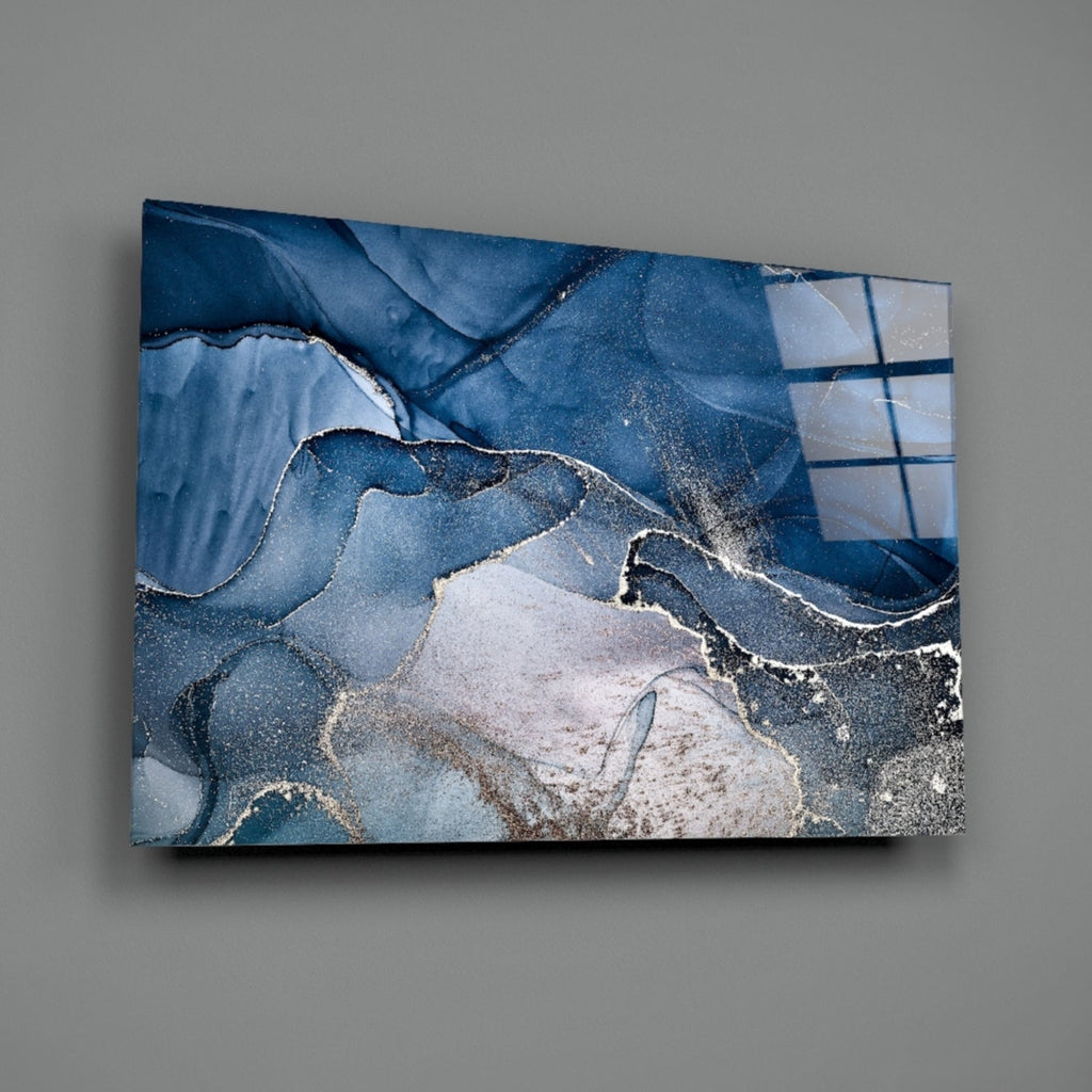 Steel Blue Gold Ink Glass Wall Art