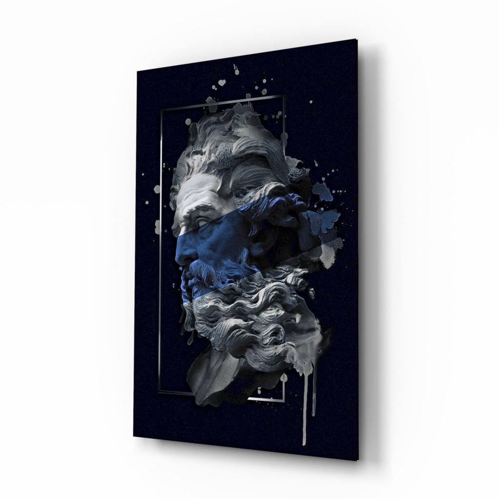 Navy Blue Paint Stripe Poseidon Bust Glass Wall Art