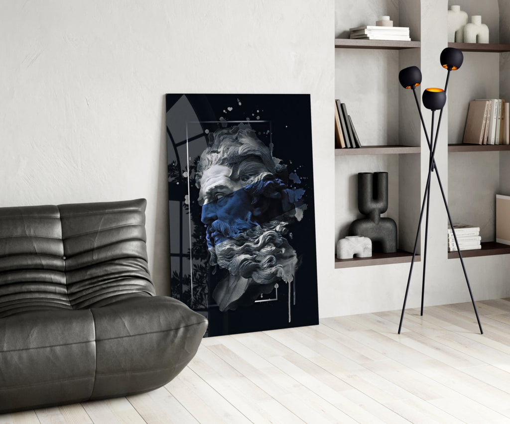 Navy Blue Paint Stripe Poseidon Bust Glass Wall Art