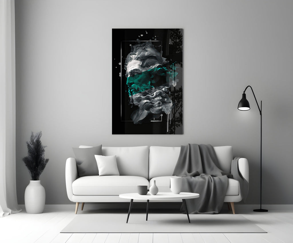 Emerald Paint Stripe Poseidon Bust Glass Wall Art